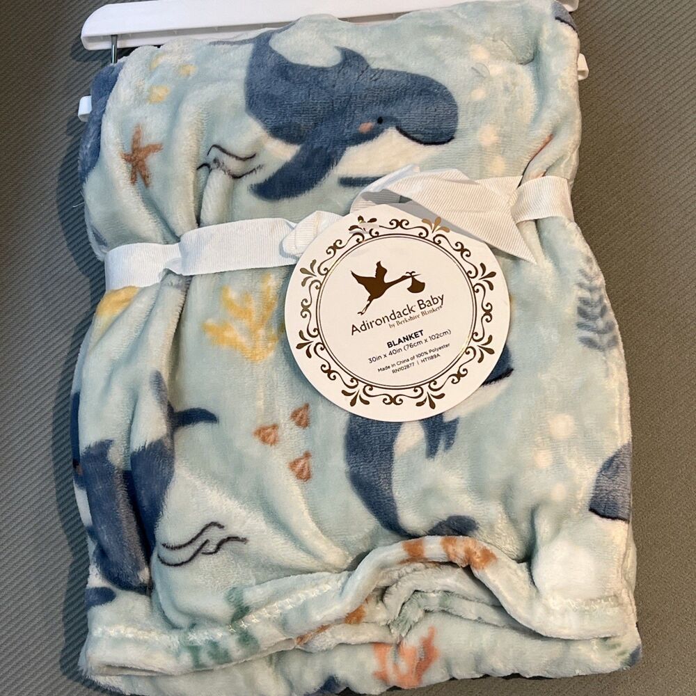 Adirondack Baby Blanket Narwhal Sea Unicorn Whale Blue Fleece Boys Soft New